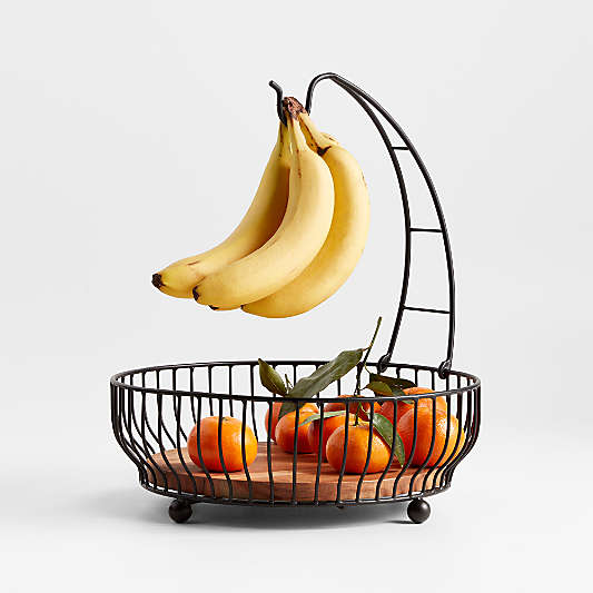 Cora Black Acacia Wood Fruit Basket with Banana Hanger