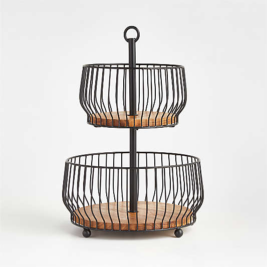 Cora Acacia Wood Black 2-Tier Fruit Basket