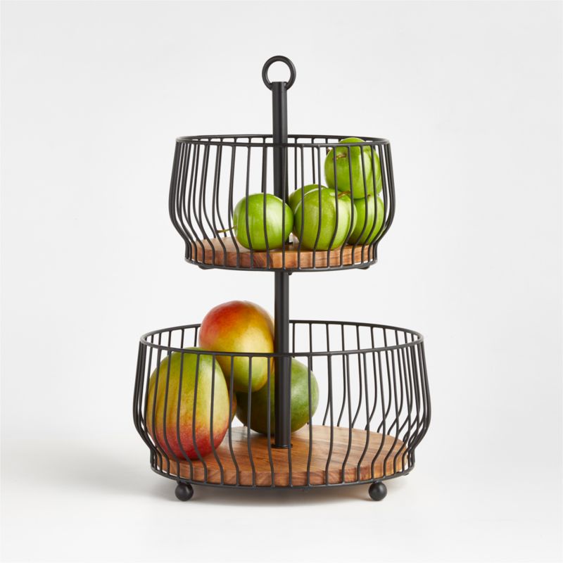 Cora Acacia Wood Black 2-Tier Fruit Basket   Reviews | Crate and Barrel