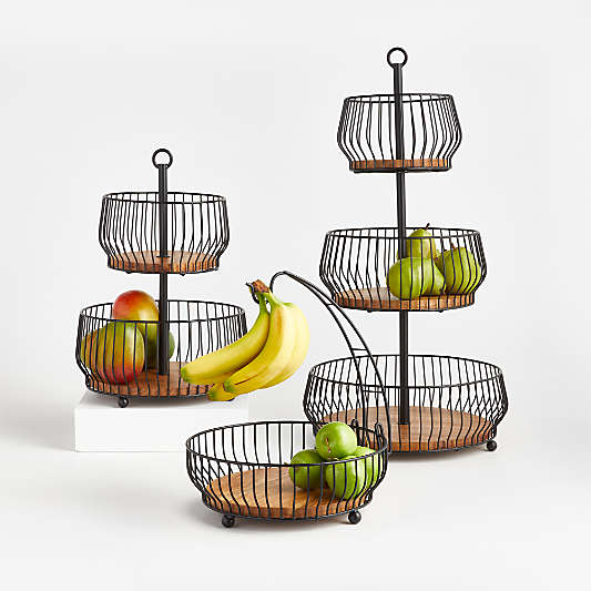 Cora Acacia Wood Black 2-Tier Fruit Basket