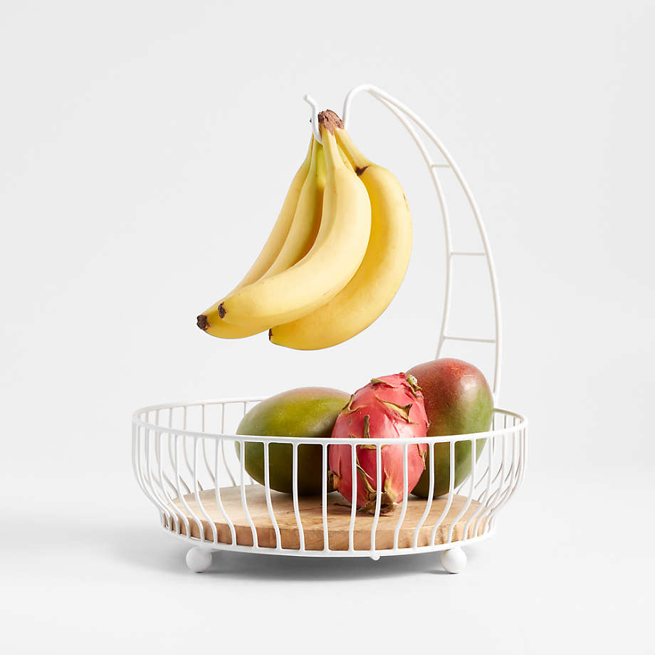 Cora White and Wood Fruit Basket with Banana Hanger