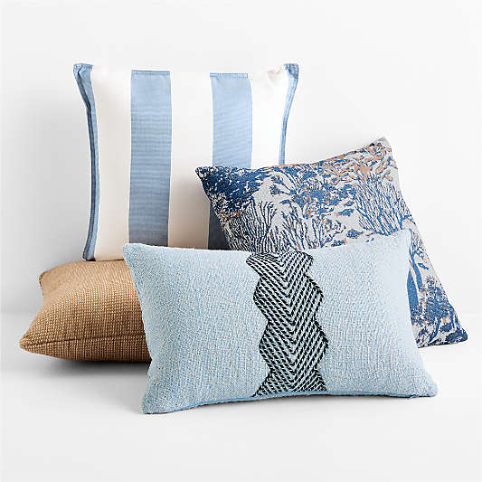 Coral Jacquard Pale Blue and Sierra Tan Outdoor Throw Pillow Arrangement