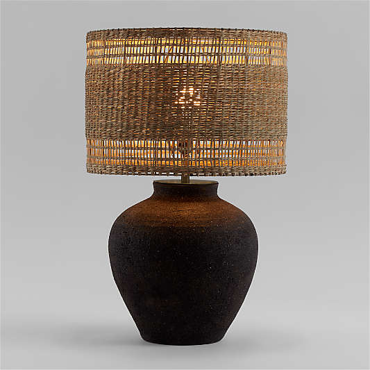 Corfu Black Table Lamp With Woven Natural Shade 26.6"