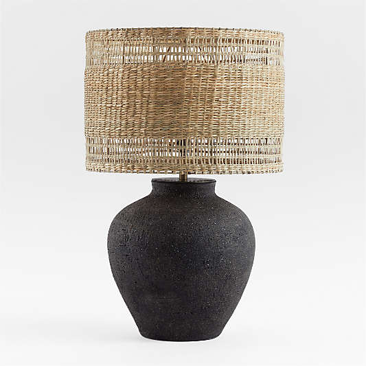 Corfu Black Table Lamp With Woven Natural Shade 26.6"