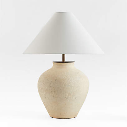 Corfu Cream Table Lamp With Linen Taper, Tapered Ceramic With Wood Detail Table Lamps