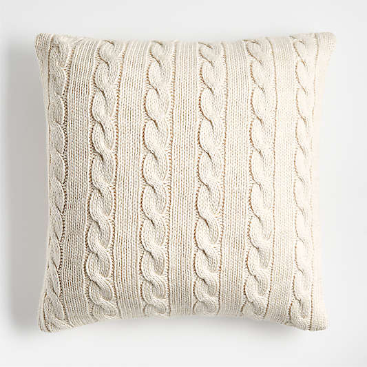 Alabaster Ivory Wool Blend Cozy Cable Knit 23"x23" Throw Pillow