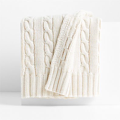 View Alabaster Beige Wool Blend Cozy Cable Knit 70"x55" Throw Blanket details