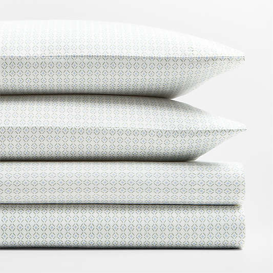 Cozy Cloud Geo Giggles Blue Block Print 100% Organic Cotton Kids Queen Sheet Set