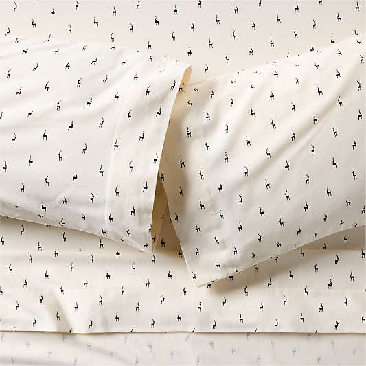 Cozysoft Organic Flannel Ink Black Reindeer Full Bed Sheet Set