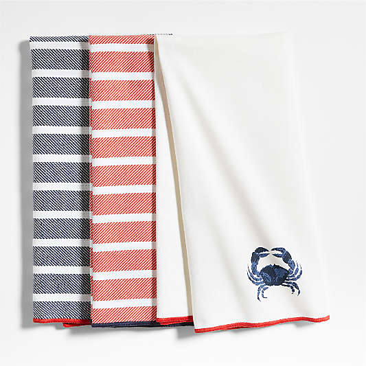 Crab and Stripe Organic Cotton Dish Towels, Set of 3