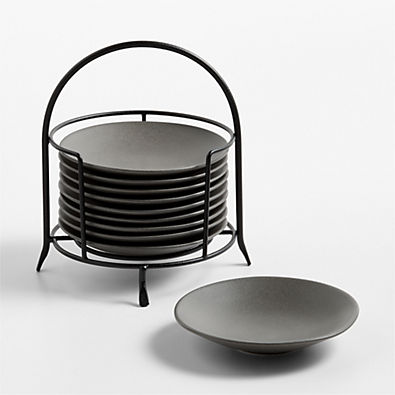 View Craft Charcoal Round Stoneware Appetizer Plates with Black Stand, Set of 10 details
