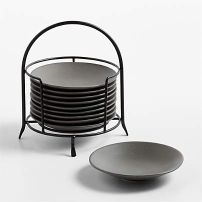 Craft Charcoal Round Stoneware Appetizer Plates with Black Stand, Set of 10