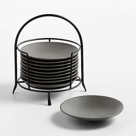 Craft Charcoal Round Stoneware Appetizer Plates with Black Stand, Set of 10