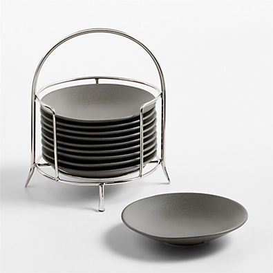 View Craft Charcoal Round Stoneware Appetizer Plates with Stainless Steel Stand, Set of 10 details