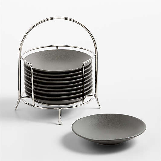 Craft Charcoal Round Stoneware Appetizer Plates with Stainless Steel Stand, Set of 10