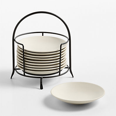 View Craft Linen Round Stoneware Appetizer Plates with Black Stand, Set of 10 details