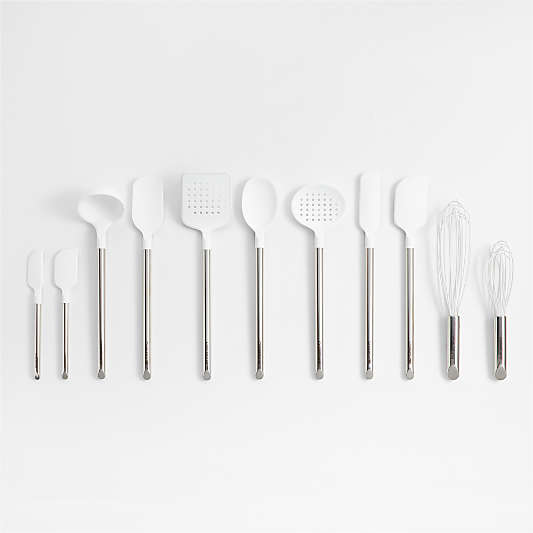 Crate & Barrel White Silicone and Stainless Steel Utensils, Set of 11