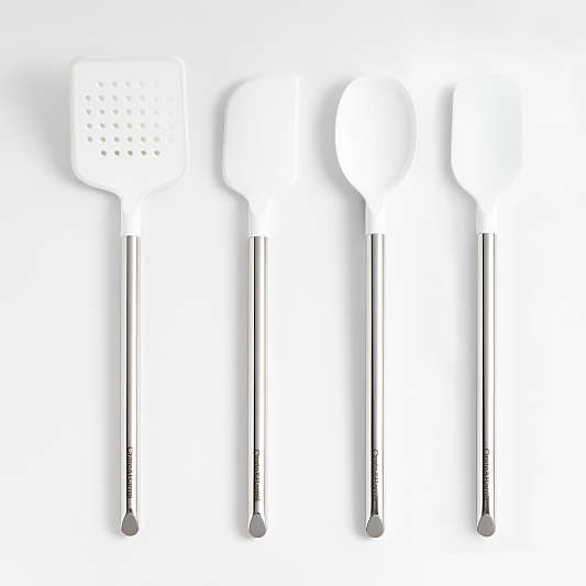 Crate & Barrel White Silicone and Stainless Steel Utensils, Set of 4