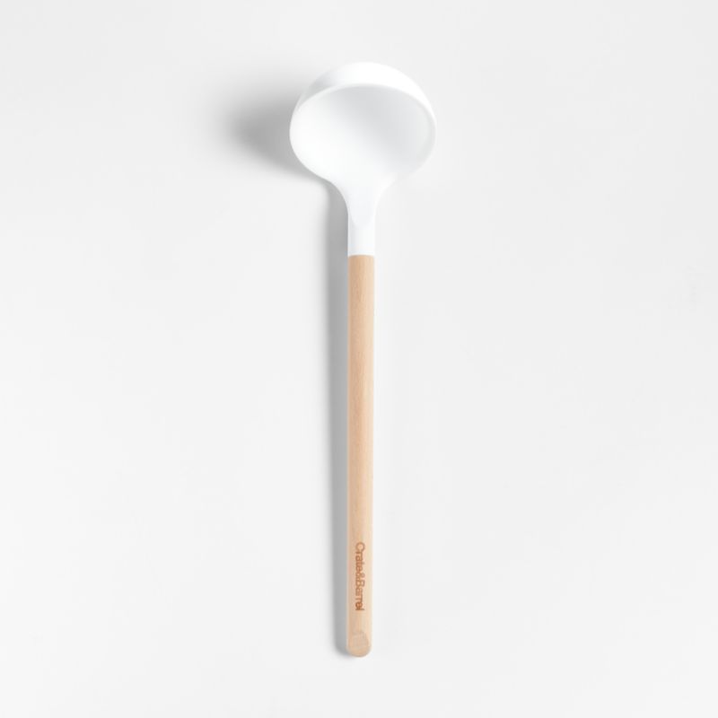 Crate & Barrel White Silicone and Wood Ladle