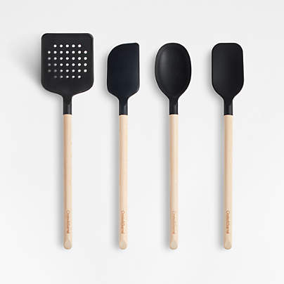 Crate & Barrel Black Silicone and Wood Utensil, Set of 4