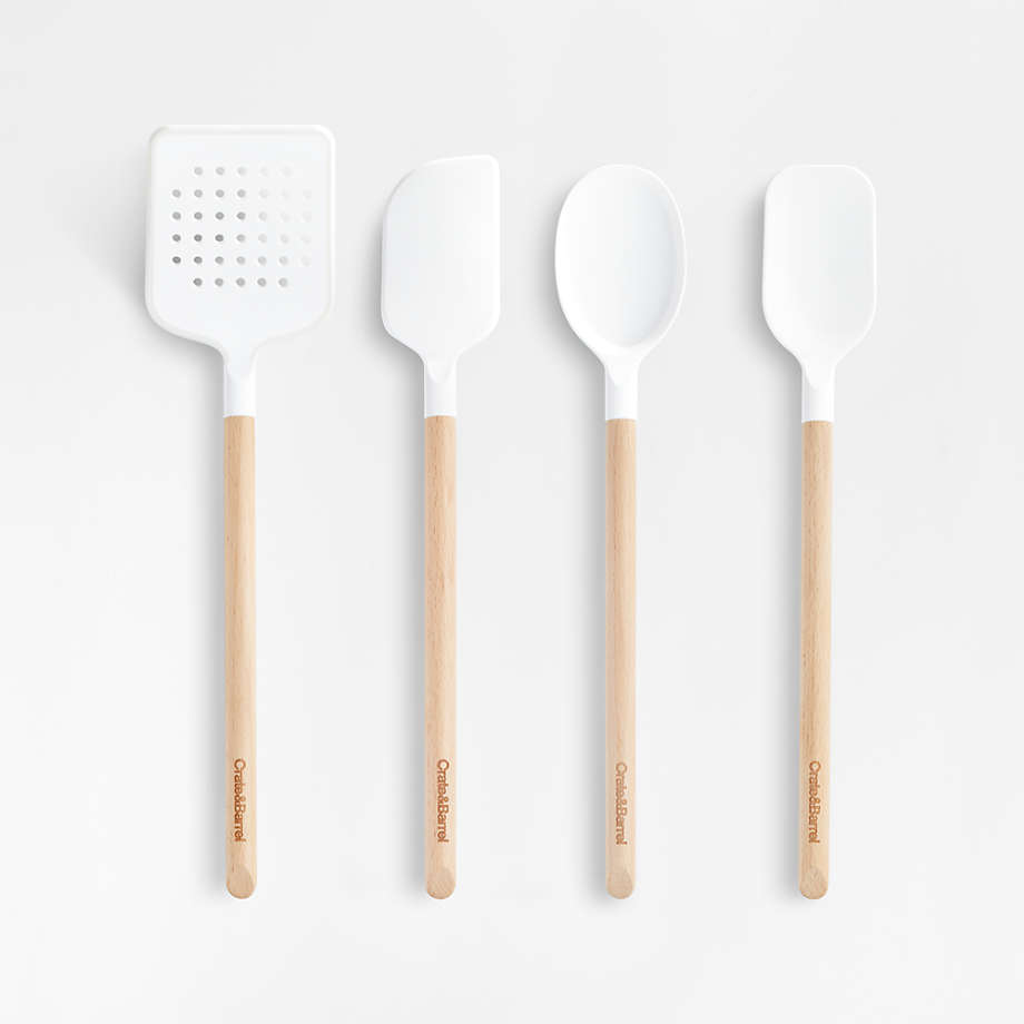 Crate & Barrel White Silicone and Wood Utensil, Set of 4 | Crate & Barrel