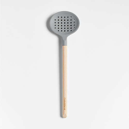 Crate & Barrel Wood and Grey Silicone Slotted Spoon