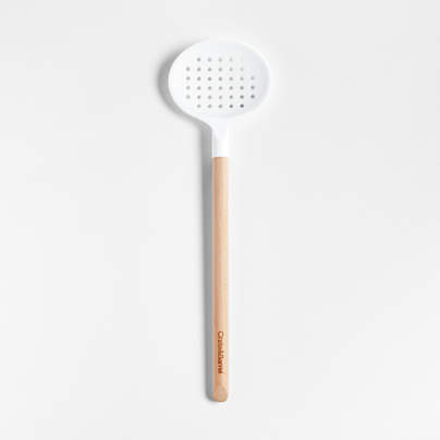 Crate & Barrel Wood and White Silicone Slotted Spoon