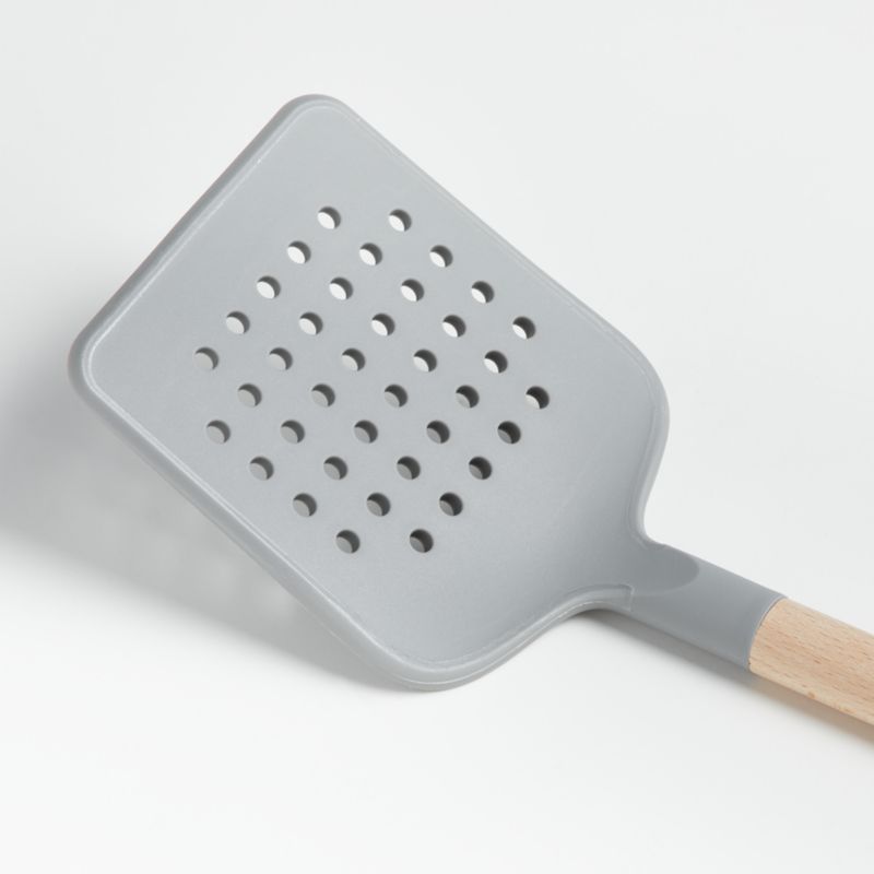 Crate & Barrel Wood and Grey Silicone Slotted Turner