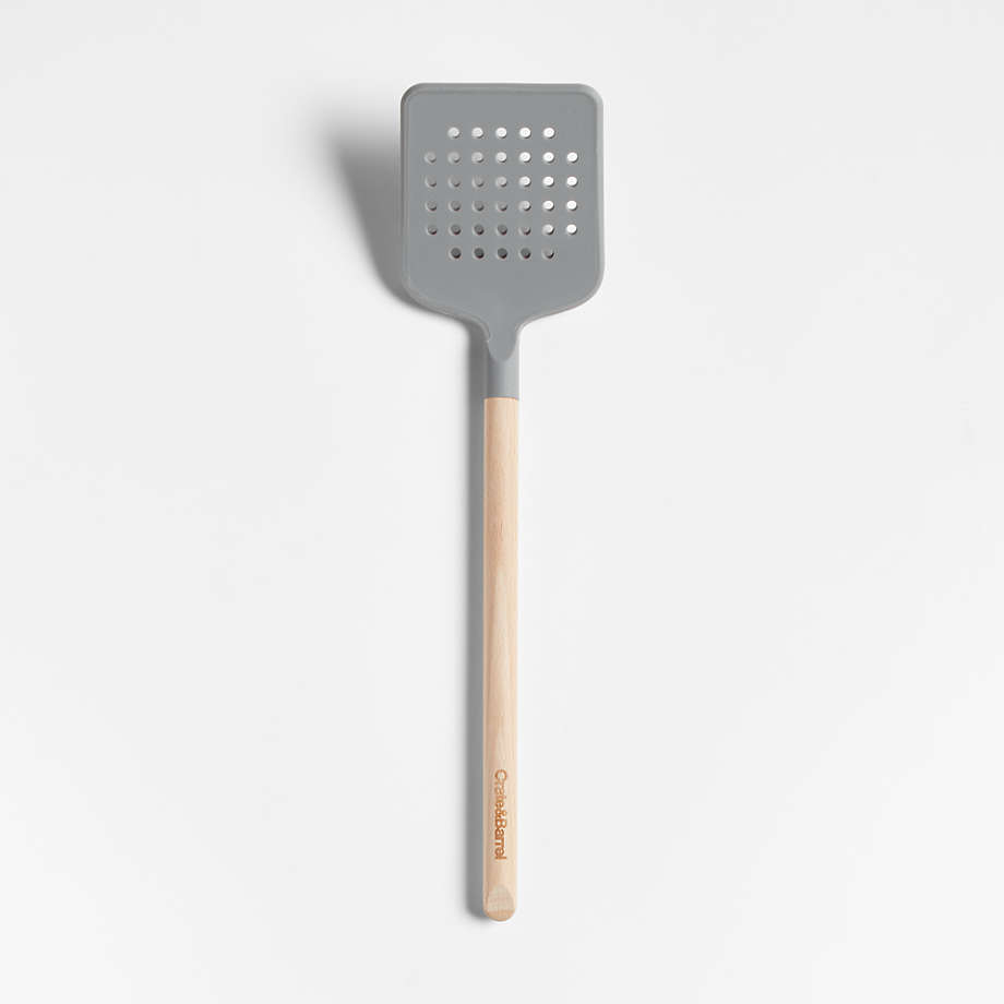 Crate & Barrel Wood and Grey Silicone Slotted Turner
