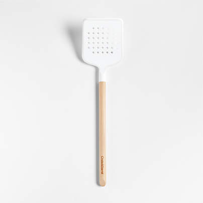 Crate & Barrel White Silicone and Wood Slotted Turner