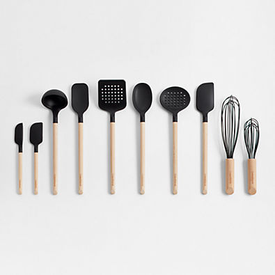 View Crate & Barrel Wood and Black Silicone Utensils, Set of 10 details