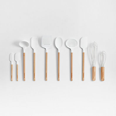 View Crate & Barrel White Silicone and Wood Utensils, Set of 10 details