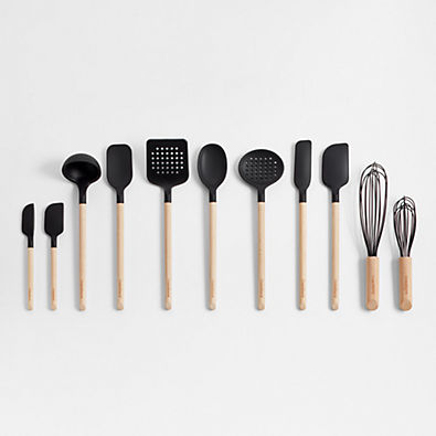 View Crate & Barrel Wood and Black Silicone Utensils, Set of 11 details