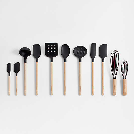 Crate & Barrel Wood and Black Silicone Utensils, Set of 11