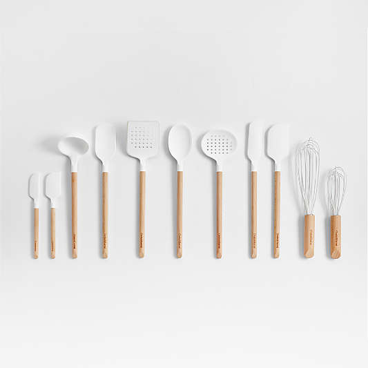 Crate & Barrel Wood and White Silicone Utensils, Set of 11