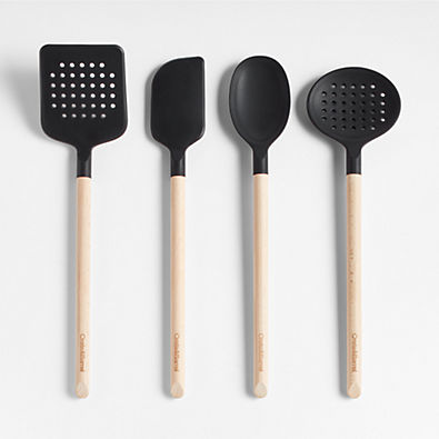 View Crate & Barrel Wood and Black Silicone Utensils, Set of 4 details