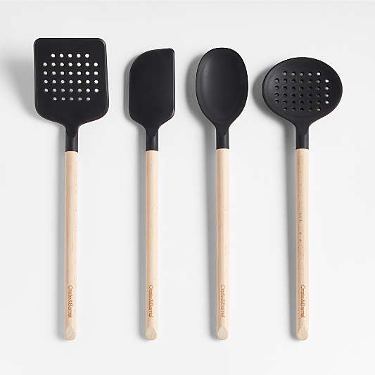 Crate & Barrel Wood and Black Silicone Utensils, Set of 4