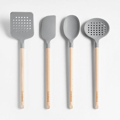 View Crate & Barrel Wood and Grey Silicone Utensils, Set of 4 details