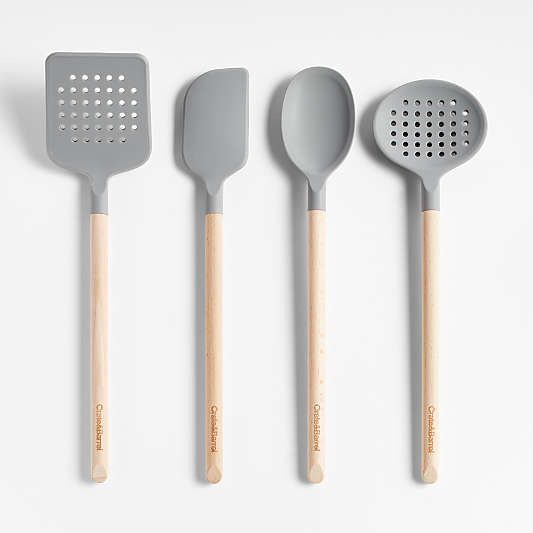 Crate & Barrel Wood and Grey Silicone Utensils, Set of 4