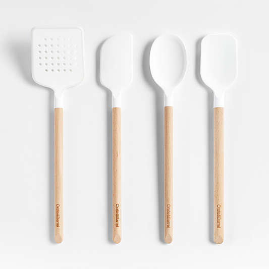 Crate & Barrel Wood and White Silicone Utensils, Set of 4