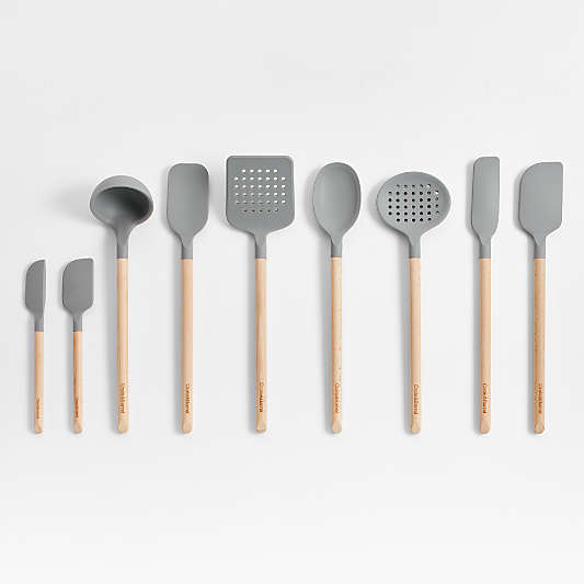 Crate & Barrel Wood and Grey Silicone Utensils