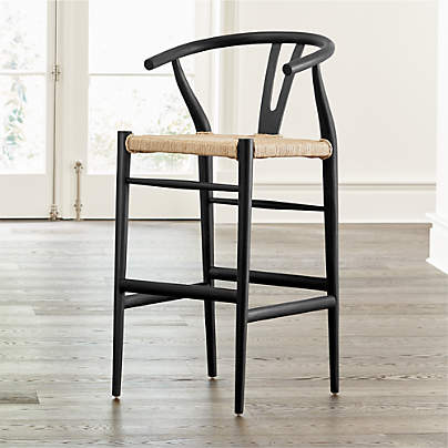 Crescent Black Wood Wishbone Bar Stool