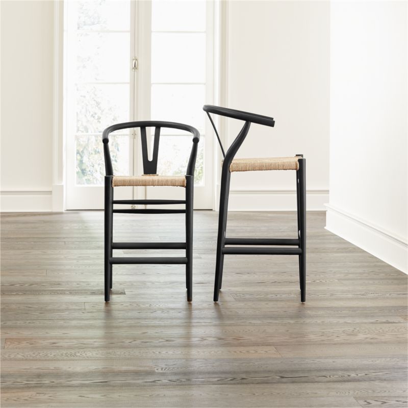 Crescent Black Wood Wishbone Counter Stool