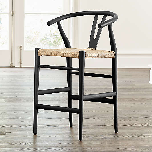 Crescent Black Wood Wishbone Counter Stool