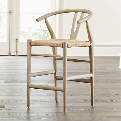 Crescent Weathered Grey Wood Wishbone Counter Stool