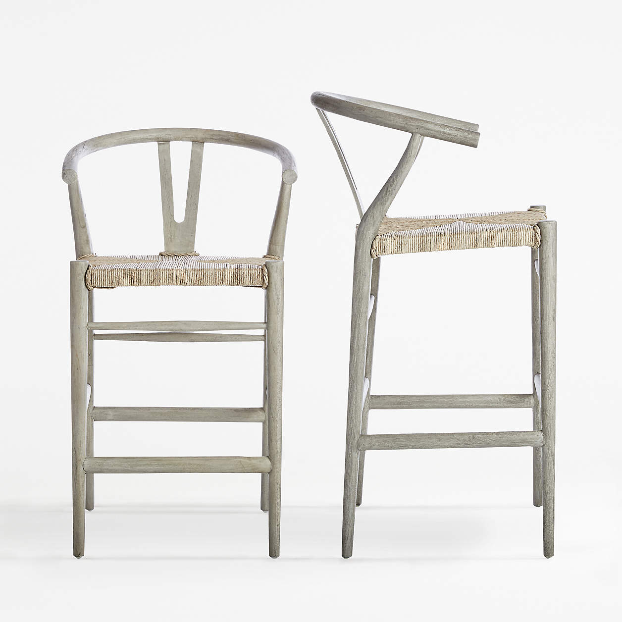 Crescent Weathered Grey Rush Seat Bar Stools | Crate and Barrel
