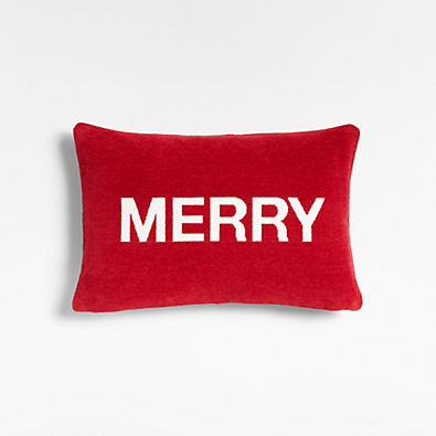 View "Merry" Red Chenille Throw Pillow Cover 22"x15" details