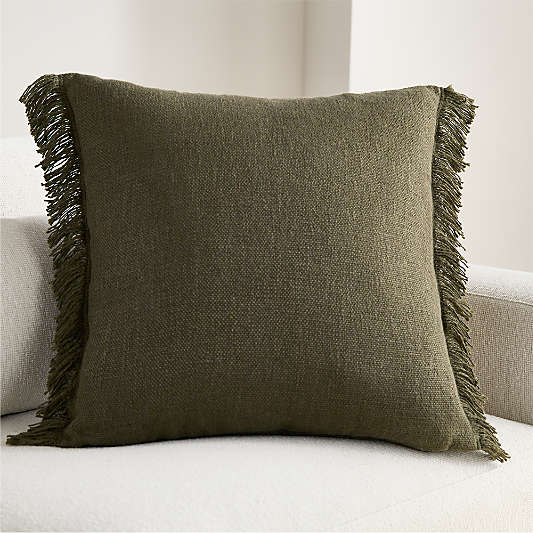 Casual Textured Fringe 23"x23" Burnt Green Throw Pillow Cover