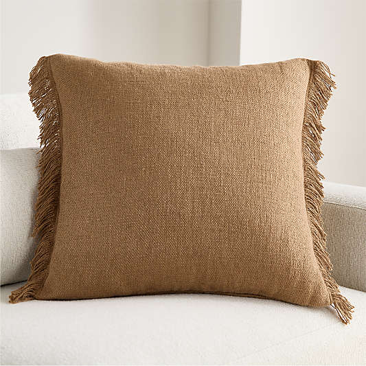 Casual Textured Fringe 23"x23" Camel Tan Throw Pillow Cover