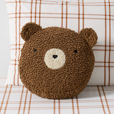 View Cuddle Brown Sherpa Bear Face Embroidered Kids Throw Pillow details